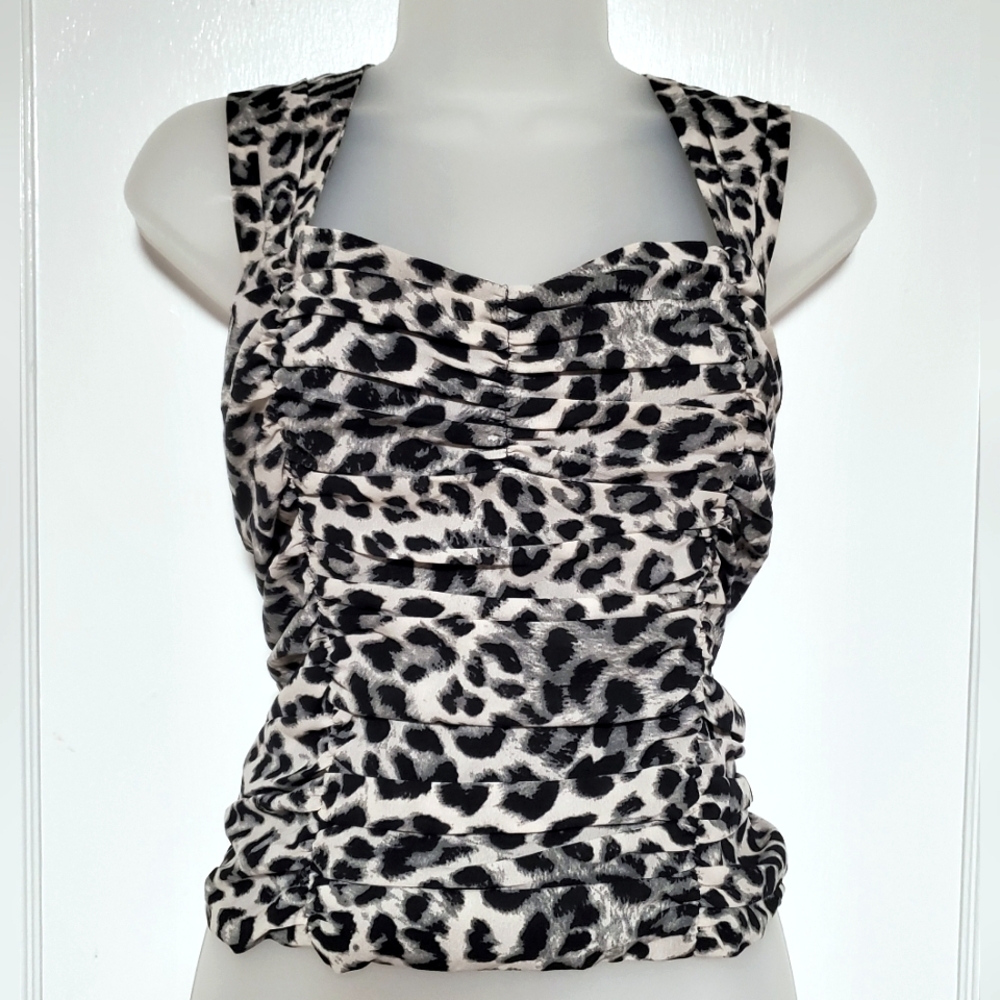 Express Black and White Leopard Print Ruched Tank Top